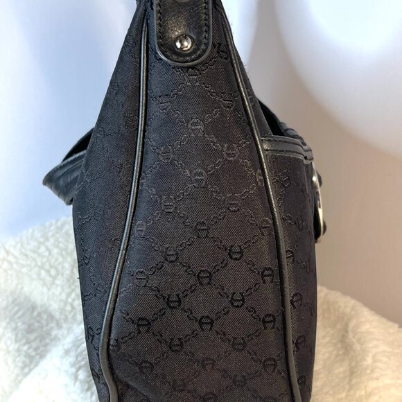 Vintage Black Etienne Aigner Hobo Bag with Monogram Print and Clasp - Picture 5 of 16